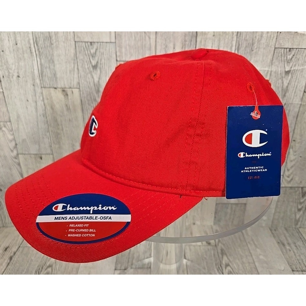 Champion Hat Mens Red Adjustable One Size Fits Most Relaxed Fit Pre Curved Bill